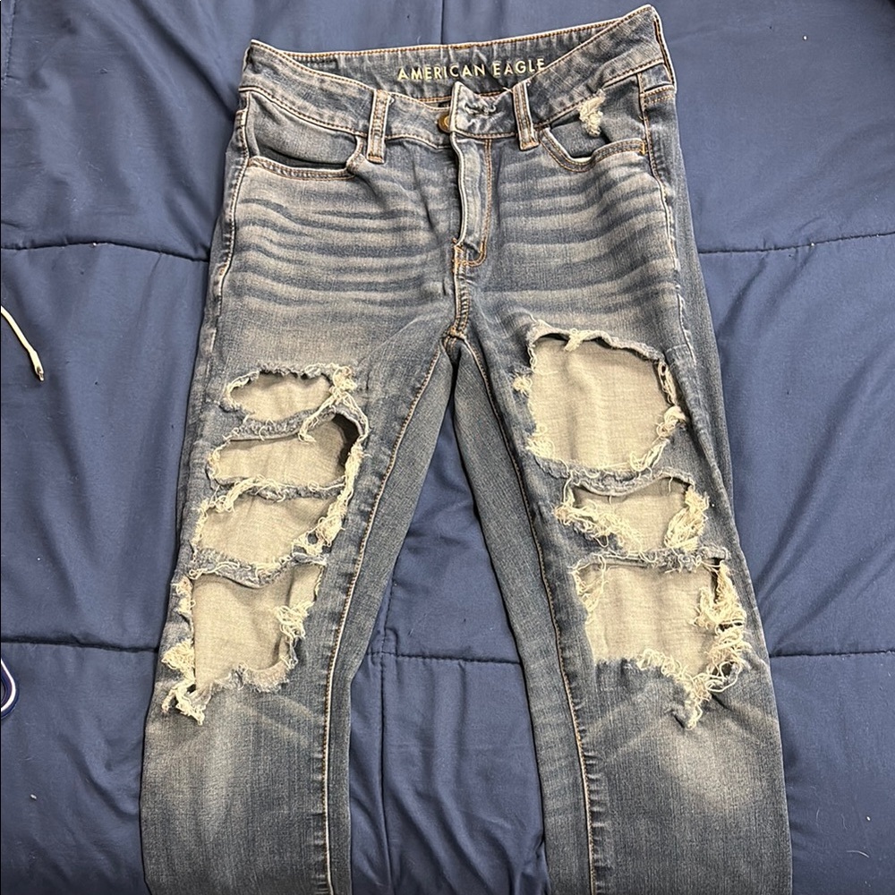 American Eagle Outfitters High Rise Distressed Jeans - Blue